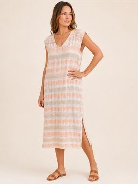 Jeune Otte Linnea Midi Dress NWT Cotton Linen Gauze Pink Stripe Shift USA S
